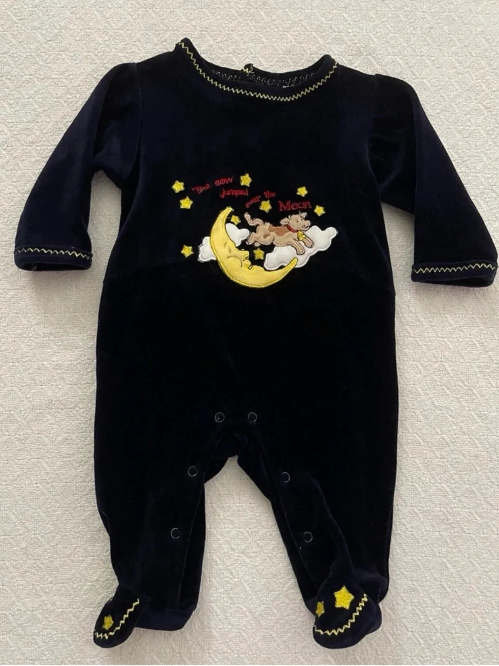 Mary Engelbreit Vintage Navy Velvet Footie with Moon and Stars Embroidery